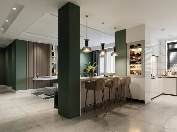 一个白色的当代厨房 有光滑的镶板 绿色和白色的墙壁 有酒架和内置的器具 3D渲染 — 图库照片