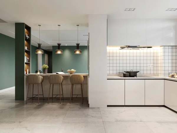Белая Современная Кухня Пышными Панелями Зелеными Белыми Стенами Винным Стеллажом — стоковое фото