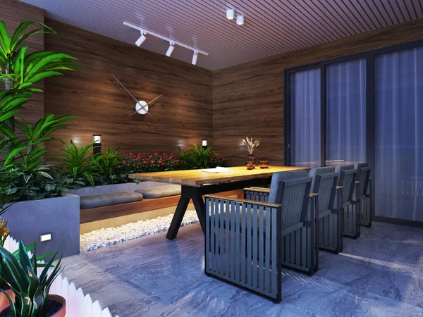 Outdoor balcony veranda with modern outdoor furniture table and chairs in the evening light. 3D rendering.