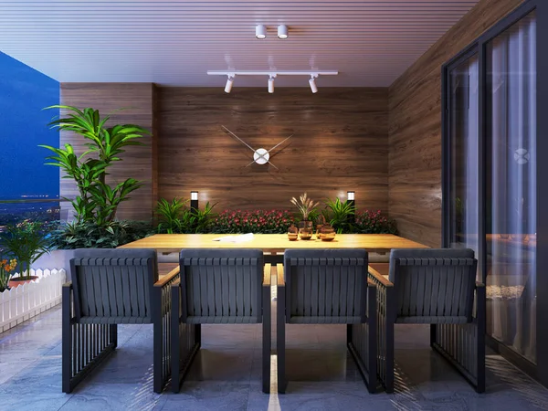 Außenbalkon Veranda Mit Modernen Gartenmöbeln Tisch Und Stühlen Abendlicht Rendering — Stockfoto