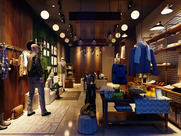设计的服装和鞋类商店在现代风格与模特在夜间照明 3D渲染 — 图库照片