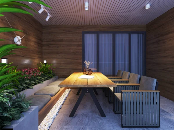 Outdoor balcony veranda with modern outdoor furniture table and chairs in the evening light. 3D rendering.