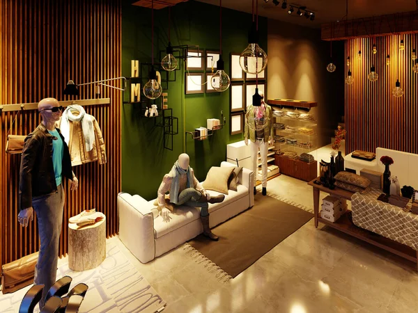 조명에 마네킹 현대식 스타일의 가게의 디자인 렌더링 — 스톡 사진