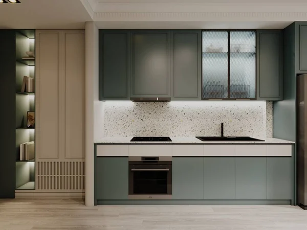 Moderna Cucina Minimalista Con Frontali Cucina Grigia Bianca Terrazza Backsplash — Foto Stock