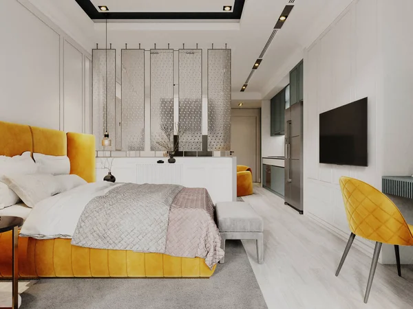 オレンジベッドとソファと白い成形壁と現代的なスタイルのデザイナーの寝室 3Dレンダリング — ストック写真