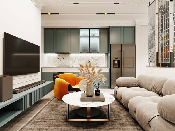 Гостиная в однокомнатной квартире в современном стиле с мягким диваном и оранжевым креслом с журнальным столиком с декором. 3D рендеринг.