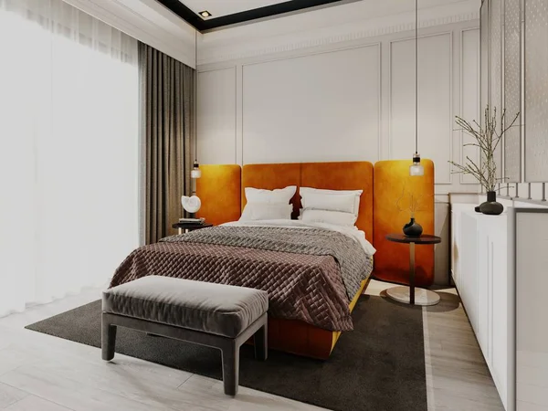 스타일 디자이너 침실에 주황색 침대와 그리고 하얀색 렌더링 — 스톡 사진