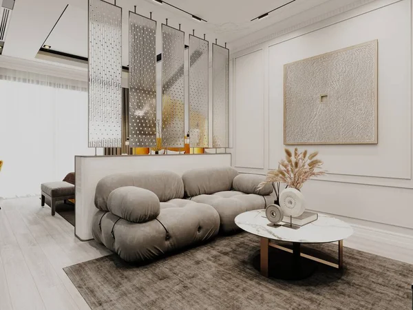 モダンなスタイルのスタジオアパートメントには ソファと装飾が施されたコーヒーテーブル付きのオレンジのアームチェアがあります 3Dレンダリング — ストック写真