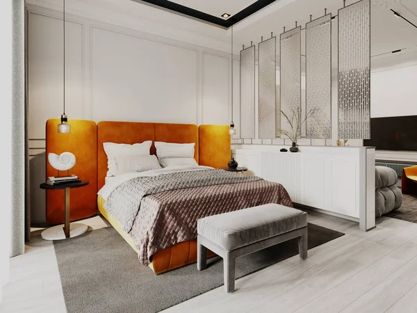 Eigentijdse Design Slaapkamer Met Oranje Bed Bank Witte Gietwanden Weergave — Stockfoto