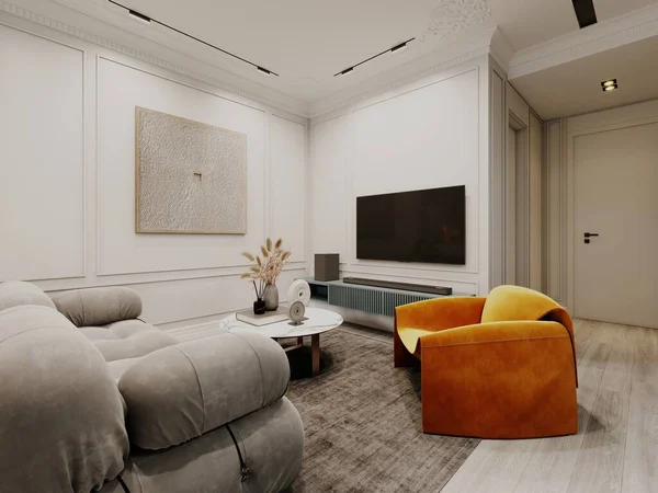 客厅在一个现代风格的工作室公寓里 有一个鼓鼓囊囊的沙发和一个装饰咖啡桌的橙色扶手椅 3D渲染 — 图库照片