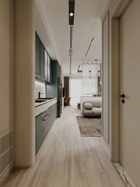 Moderne Minimalistische Keuken Met Grijze Witte Keukenfronten Terrazzo Backsplash Weergave — Stockfoto