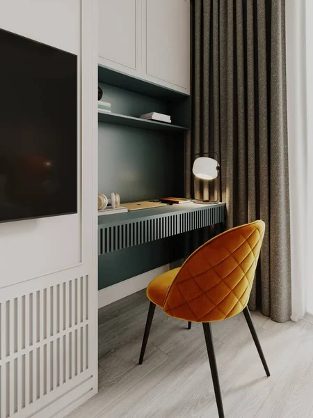 一台电视机和一张工作的灰色梳妆台 卧室里有一把橙色的椅子 3D渲染 — 图库照片