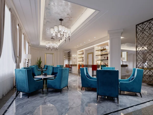 Restoranın Tasarımı Büyük Bir Otelin Fuayesinde Parlak Mavi Yüksek Sandalyeler — Stok fotoğraf