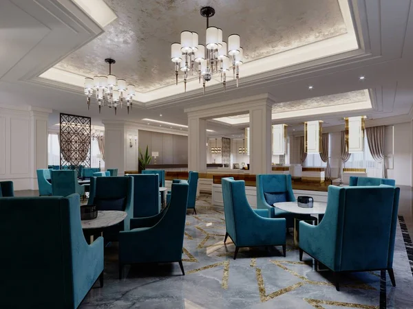 The design of the restaurant is in a classic style with bright blue high chairs and round tables in the foyer of a large hotel. 3D rendering.