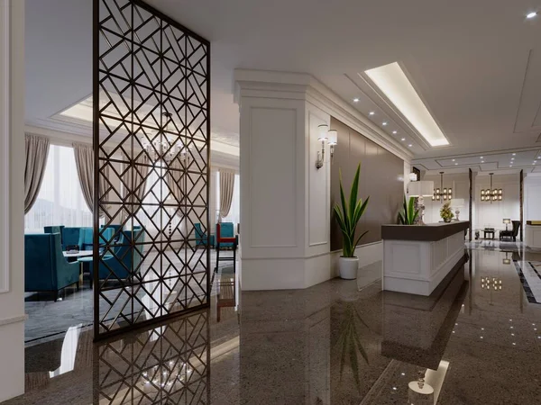Hotel Foyer Met Receptie Zuilen Klassiek Interieur Weergave — Stockfoto
