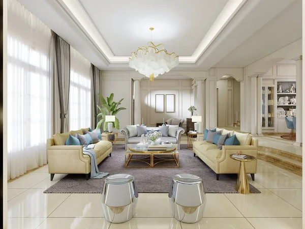 Hermoso Interior Tonos Beige Con Muebles Tapizados Amarillos Mesas Laterales — Foto de Stock