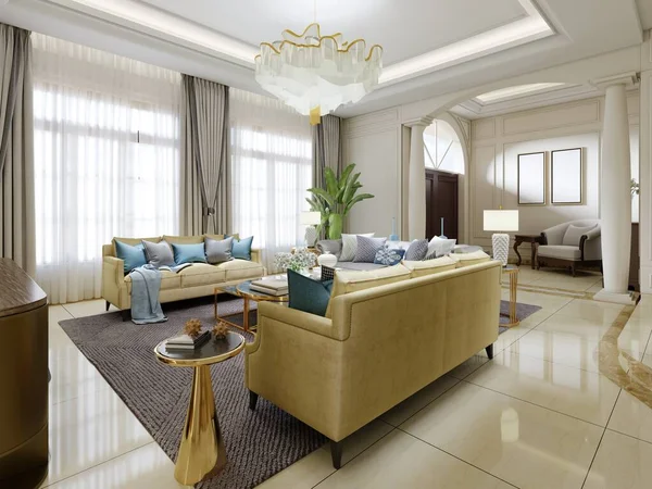 Hermoso Interior Tonos Beige Con Muebles Tapizados Amarillos Mesas Laterales — Foto de Stock