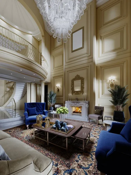 Obrovský Luxusní Interiér Obývacího Pokoje Klasickém Žlutém Stylu Vysokým Stropem — Stock fotografie