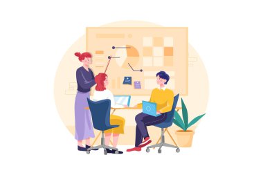 Ofis ekibi Illustration konsepti üzerinde çalışıyor. Düz illüstrasyon beyaz arkaplanda izole edildi. 