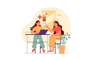 Kadınlar dizüstü bilgisayar afişi, vektör illüstrasyon konseptiyle birlikte çalışıyorlar. Düz illüstrasyon beyaz arkaplanda izole edildi. 