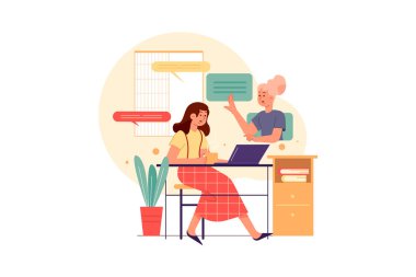 Kadın video çağrısı pankartı yapıyor, vektör illüstrasyon konsepti. Düz illüstrasyon beyaz arkaplanda izole edildi. 