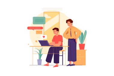 Ofis afişinde birlikte çalışan iş adamları, vektör illüstrasyon konsepti. Düz illüstrasyon beyaz arkaplanda izole edildi. 