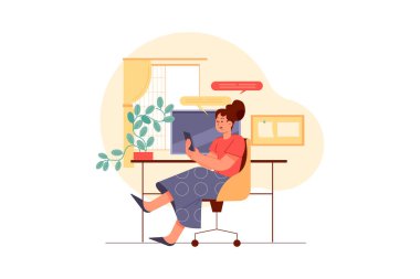 Bayrak çekerken akıllı telefon kullanan kadın, vektör illüstrasyon konsepti. Düz illüstrasyon beyaz arkaplanda izole edildi. 