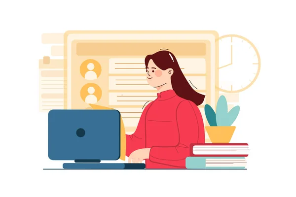 Mujer Negocios Que Trabaja Con Banner Portátil Vector Concepto Ilustración — Vector de stock