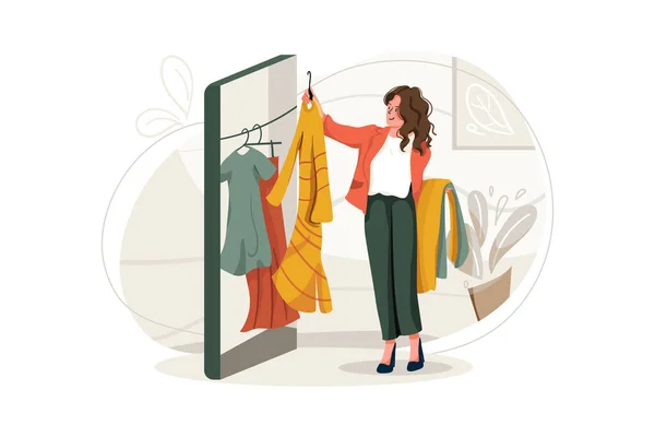 Woman Choosing Clothes Smartphone Banner Vector Illustration Concept Flat Illustration — Stock Vector