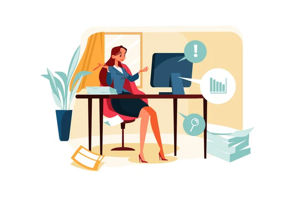 Pengusaha Wanita Yang Bekerja Dengan Banner Komputer Konsep Vektor Illustration - Stok Vektor