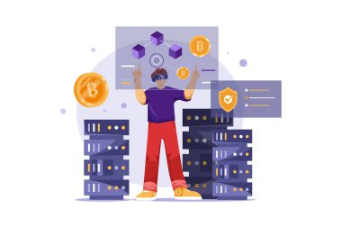 VR, sanal gerçeklik illüstrasyon kavramı. Düz illüstrasyon beyaz arkaplanda izole edildi. 