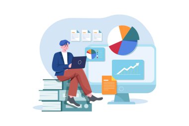 Dizüstü bilgisayarı ve belge vektör illüstrasyon tasarımına sahip iş adamı