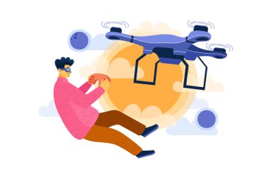 Beyaz arka planda helikopteri olan bir adam. vektör illüstrasyonu.