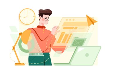 Ofiste çalışan genç adam, vektör illüstrasyonu