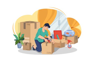 Taşınma Evi Illustration konsepti. Düz illüstrasyon beyaz arkaplanda izole edildi.