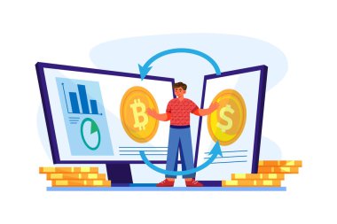 Kripto döviz değişimi konsepti. Düz illüstrasyon beyaz arkaplanda izole edildi. 