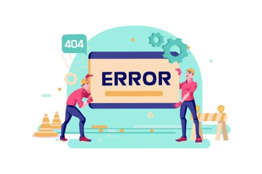 Karakter ile ilgili hata 404 kavramı. Web afişi, mobil uygulama için kullanılabilir. Beyaz arkaplanda düz vektör illüstrasyonu.