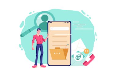 Akıllı telefonu olan ve ekranında kısa mesaj olan bir adam. vektör illüstrasyonu
