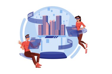 VR, sanal gerçeklik illüstrasyon kavramı. Düz illüstrasyon beyaz arkaplanda izole edildi. 