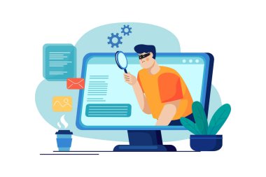 man with magnifying glass and laptop vector illustration design