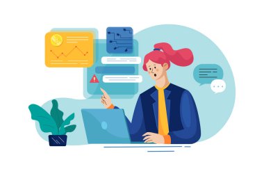 woman using laptop with online communication vector illustration