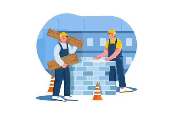 Construction Workers Building House Illustration Concept Flat Illustration Isolated White — стоковый вектор