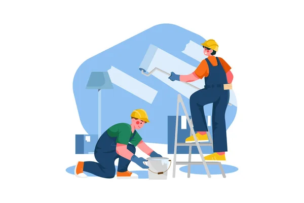 Construction Worker Painting Wall Illustration Concept Flat Illustration Isolated White — стоковый вектор