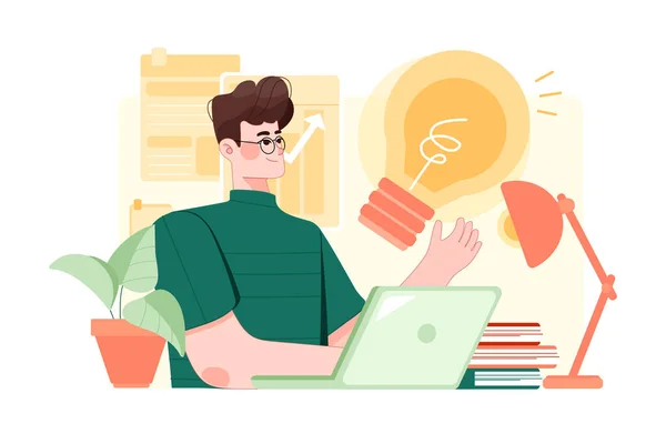 Young Man Working Laptop Computer Vector Illustration — Stock Vector