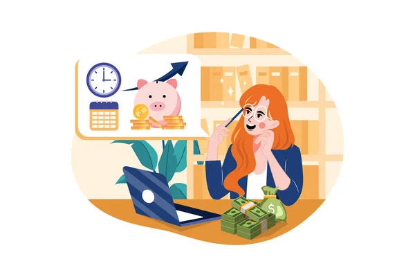 Woman Laptop Coins Office Vector Illustration — 스톡 벡터
