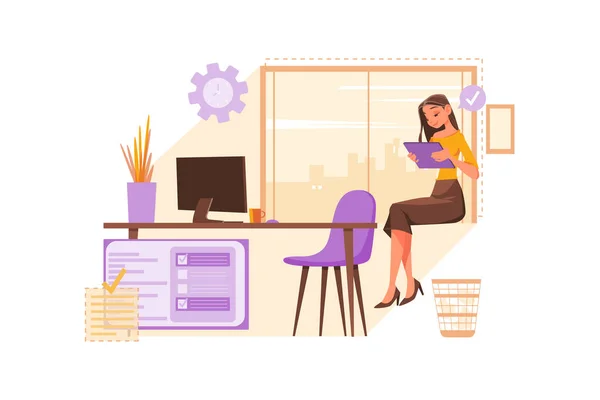 Mujer Sentada Escritorio Con Ilustración Vector Portátil — Vector de stock