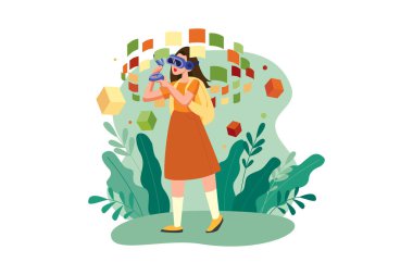 VR, sanal gerçeklik illüstrasyon kavramı. Düz illüstrasyon beyaz arkaplanda izole edildi. 