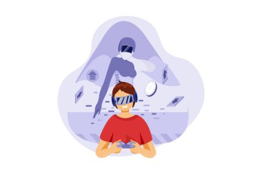 VR, sanal gerçeklik illüstrasyon kavramı. Düz illüstrasyon beyaz arkaplanda izole edildi. 