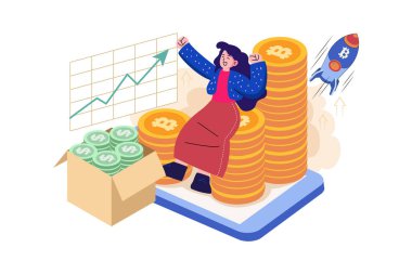 Kripto para birimi büyüme çizimi konsepti. Düz illüstrasyon beyaz arkaplanda izole edildi.