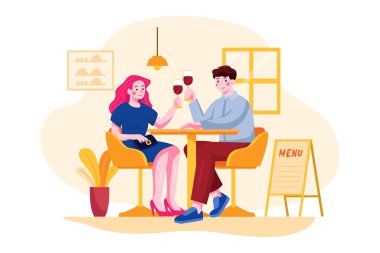 couple drinking wine in cafe, vector illustration